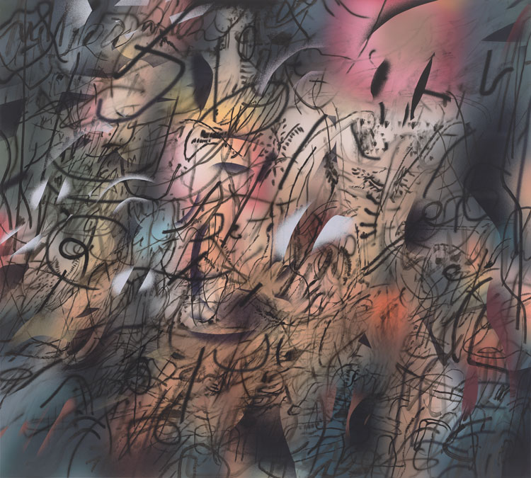 Julie Mehretu, Of Other Planes of There (S.R.), 2018–19. Ink and acrylic on canvas, 108 × 120 in (274.32 × 304.8 cm). Whitney Museum of American Art, New York; purchase with funds from Anna and Matt Freedman and an anonymous donor. Photo: Tom Powel Imaging. © Julie Mehretu.