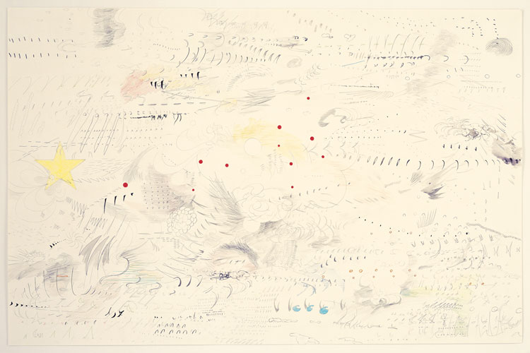 Julie Mehretu, Untitled (2005 drawings), 2005. Graphite and coloured pencil on paper, 26 × 40 in (66.04 × 101.6 cm). Private collection. Photo: Erma Estwick. © Julie Mehretu.