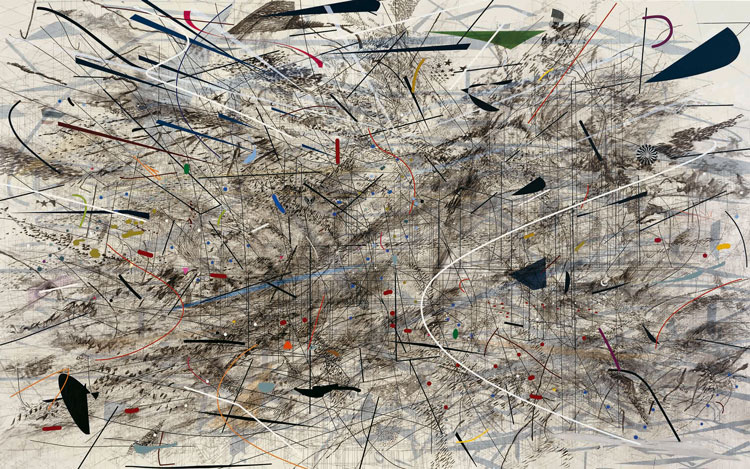 Julie Mehretu, Black City, 2007. Ink and acrylic on canvas, 120 x 192 in (304.8 x 487.7 cm). Pinault Collection, Paris, France. © Julie Mehretu.