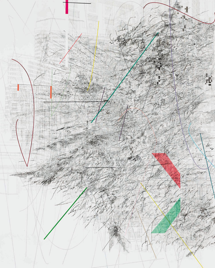 Julie Mehretu, Mogamma (A Painting in Four Parts) Part 1, 2012. Ink and acrylic on canvas, 180 × 144 in (457.2 × 365.76 cm). Guggenheim Abu Dhabi. © Julie Mehretu.