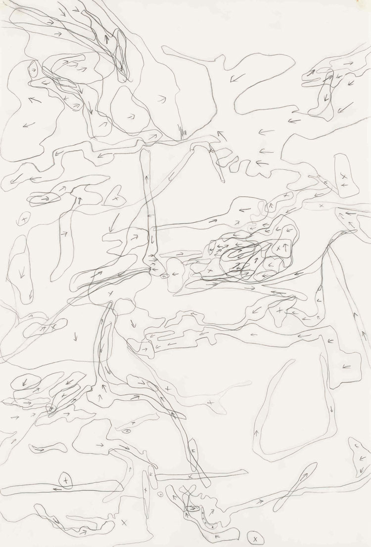 Julie Mehretu, Migration Direction Map (large), 1996. Ink on mylar, 22 x 15 in (56 x 38.1 cm). Private collection. © Julie Mehretu.