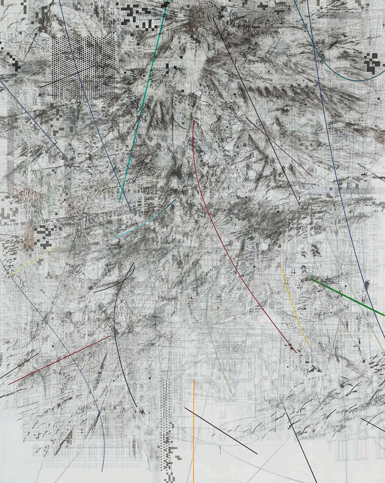 Julie Mehretu, Mogamma (A Painting in Four Parts) Part 2, 2012. Ink and acrylic on canvas, 180 × 144 in (457.2 × 365.76 cm). Guggenheim Abu Dhabi. © Julie Mehretu.