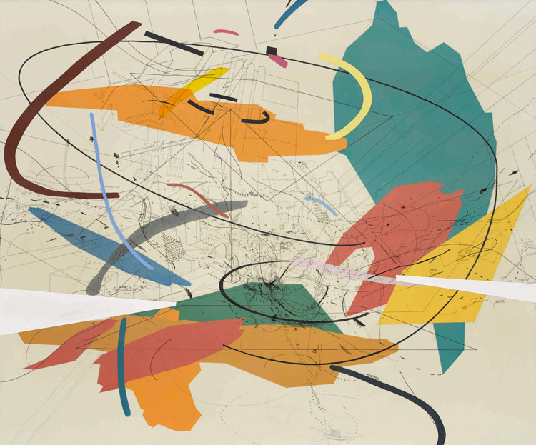 Julie Mehretu, Untitled 2, 1999. Ink and polymer on canvas mounted to board, 59 ¾ × 71 ¾ in (151.77 x 182.25 cm). Private collection, courtesy of White Cube. © Julie Mehretu.