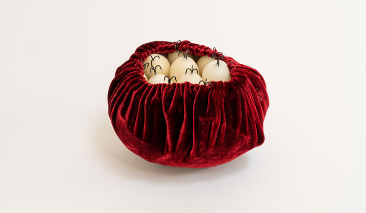 Susie MacMurray. Clutch, 2019. Silk velvet, wax and fish hooks, 12 x 16 x 16 cm. Photo: Ben Blackall and Steve Russell Studios.