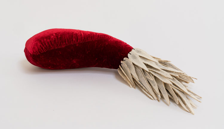 Susie MacMurray. Foundling, 2020. Sliced deer antlers, silk velvet and stuffing, 10 x 44 x 10 cm. Photo: Ben Blackall and Steve Russell Studios.