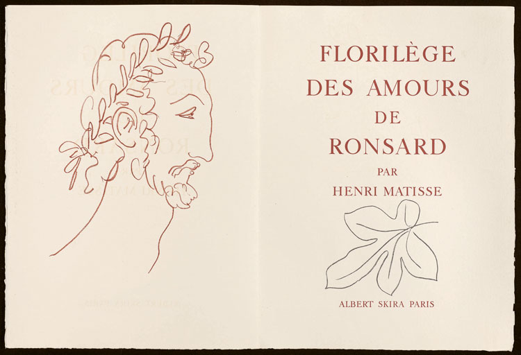 Florilège des Amours de Ronsard title-page spread, from: Florilège des Amours de Ronsard by Pierre de Ronsard, 1948, published by Albert Skira, Paris, unbound book with lithographs in sanguine on Arches wove paper; loose in wrappers, lithograph by Matisse on the cover with the title in black; chemise boards covered in white paper, spine covered in purple suede with the author's name in purple on the spine; slipcase covered with white paper and decorated with a leaf motif (in blue), 38.5 × 29.3 × 4.4 cm. (Matisse: The Books by Louise Rogers Lalaurie, pp104-5). Photo: Fine Arts Museums of San Francisco. Gift of the Reva and David Logan Foundation. Photos © Fine Arts Museums of San Francisco. Artwork © Succession H. Matisse/DACS 2020.