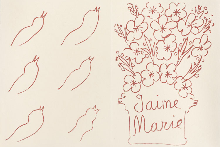 J’aime Marie, from: Florilège des Amours de Ronsard by Pierre de Ronsard, 1948, published by Albert Skira, Paris, unbound book with lithographs in sanguine on Arches wove paper; loose in wrappers, lithograph by Matisse on the cover with the title in black; chemise boards covered in white paper, spine covered in purple suede with the author's name in purple on the spine; slipcase covered with white paper and decorated with a leaf motif (in blue), 38.5 × 29.3 × 4.4 cm. (Matisse: The Books by Louise Rogers Lalaurie, pp134-5). Photo: Fine Arts Museums of San Francisco. Gift of the Reva and David Logan Foundation. Photo © Fine Arts Museums of San Francisco. Artwork © Succession H. Matisse/DACS 2020.