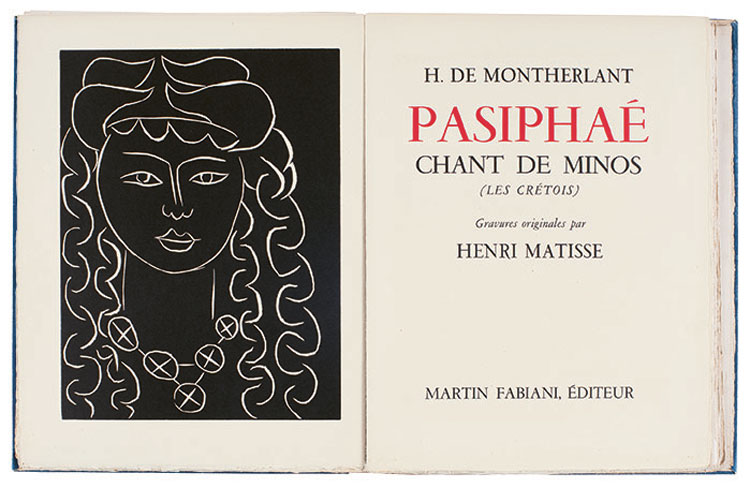 Pasiphaé: Chant de Minos title-page spread, from Pasiphaé: Chant de Minos (Les Crétois), by Henry de Montherlant, 1944, published by Fabiani, Paris, unbound book with linoleum cuts on cream wove paper, 33.7 x 25.6 x 4 cm. (Matisse: The Books by Louise Rogers Lalaurie, pp174-5). Photo: Toledo Museum of Art, Ohio. Gift of Molly and Walter Bareiss. Photo © Toledo Museum of Art. Artwork © Succession H. Matisse/DACS 2020