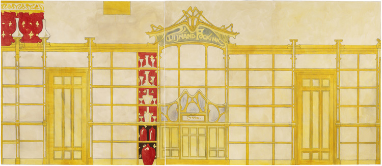 Lucy McKenzie, Interior (Detail: P. Hankar - Wijnand Fockink, Rue Royale, Brussels, 1897), 2007. Acrylic and ink on canvas, four parts; 300 x 300 cm, 300 x 375 cm, 300 x 600 cm, 300 x 700 cm. Sammlung Goetz, Munich. © Lucy McKenzie. Photo courtesy of the artist; Galerie Buchholz, Cologne/Berlin/New York; and Cabinet, London.