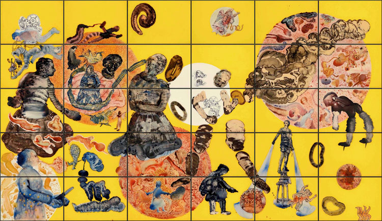 Nalini Malani, Cassandra, 2009. Thirty panel reverse painting on acrylic sheet, overall size 228 x 396 cm. Collection: Kiran Nadar Museum of Art, New Delhi. Photo: Anil Rane. © Nalini Malani.
