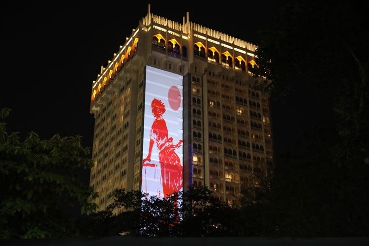 Nalini Malani, Can You Hear Me?, 2019. City Specific Video Mapping, 57 single channel stop motion animations, sound animations, sound. Installation view: Can You Hear Me?, TAJ Hotel, February, Mumbai 2020. Photo: Ranabir Das. © Nalini Malani.