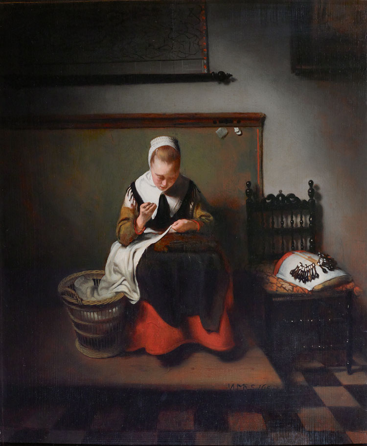 Nicolaes Maes, Young Woman sewing, 1655. Oil on panel, 55.6 × 46.1 cm. Harold Samuel Collection, Mansion House, London. © Guildhall Art Gallery, City of London.