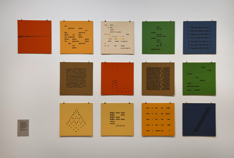 13 visuelle texte, concrete poetry portfolio, 1964. Installation view, Hansjörg Mayer: Typoems and Artists’ Books, Kunstbibliothek, Berlin, 25 October 2019 – 12 January 2020. Photo: © Kunstbibliothek, Staatliche Museen zu Berlin / Dietmar Katz.