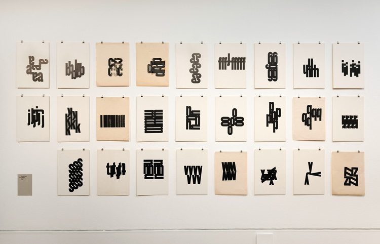 Alphabet, 1962. Wood type.  Installation view, Hansjörg Mayer: Typoems and Artists’ Books, Kunstbibliothek, Berlin, 25 October 2019 – 12 January 2020. Photo: © Kunstbibliothek, Staatliche Museen zu Berlin / Dietmar Katz.