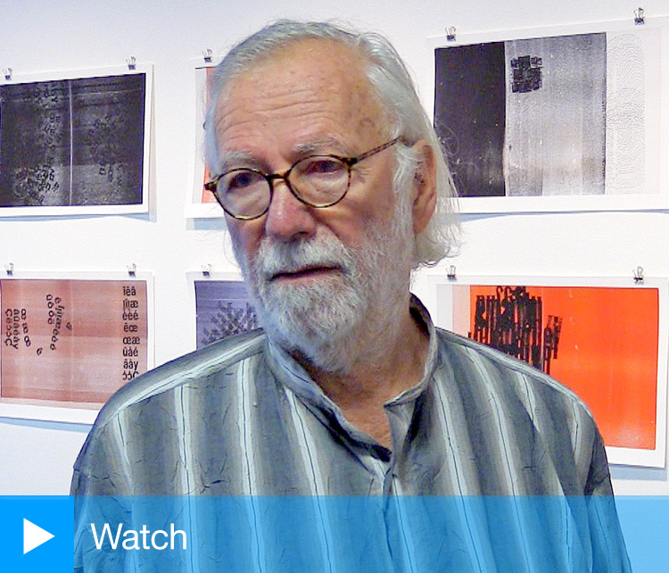 Hansjörg Mayer speaking to Studio International at the opening of Hansjörg Mayer: Typoems and Artists’ Books at the Kunstbibliothek, Berlin, 25 October 2019. Photo: Martin Kennedy.