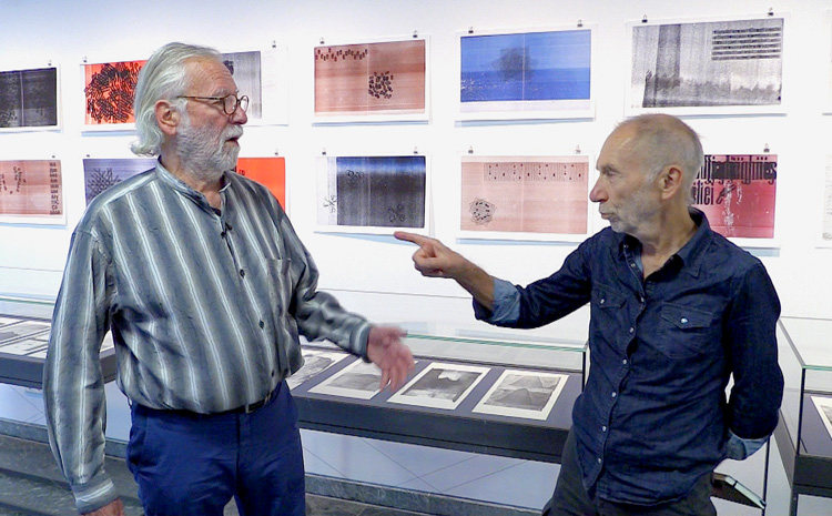 Hansjörg Mayer in conversation with Frieder Nake at the opening of Hansjörg Mayer: Typoems and Artists’ Books at the Kunstbibliothek, Berlin, 25 October 2019. Photo: Martin Kennedy.