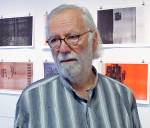 Hansjörg Mayer speaking to Studio International at the opening of Hansjörg Mayer: Typoems and Artists’ Books at the Kunstbibliothek, Berlin, 25 October 2019. Photo: Martin Kennedy.