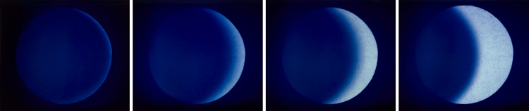 Garry Fabian Miller. Midwinter Blaze I,II,III, IV, 2019. Light, water, Lightjet c-type print from unique dye destruction print, 122.5 x 139.4 cm (framed each part). Courtesy of the Artist and Ingleby, Edinburgh.