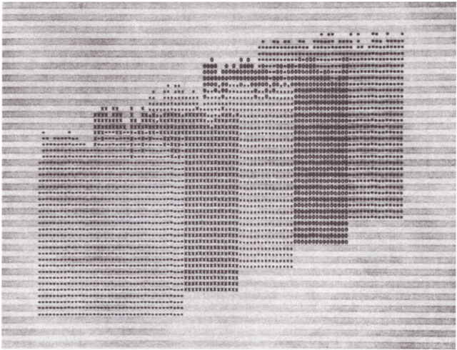 Gustav Metzger & Beverly Rowe, Design study for Five Screens with Computer, March 1969. Computer generated drawing.