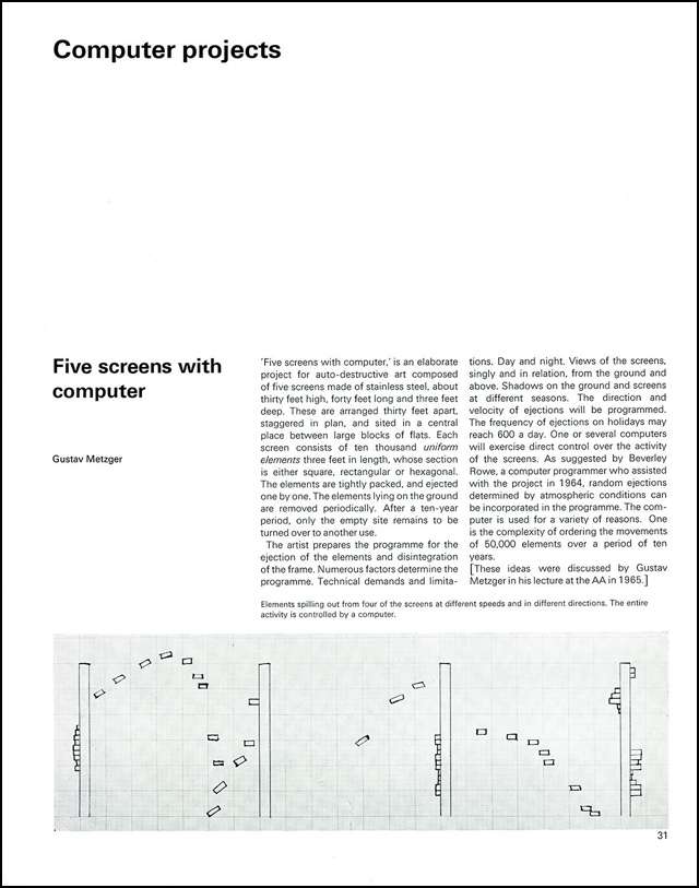 Page 31 from Studio International special issue Cybernetic Serendipity: The Computer and the Arts, July 1968, showing Gustav Metzger & Beverly Rowe’s sketch for Five Screens with Computer, 1969.