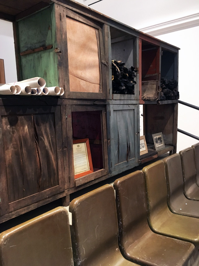 Ibrahim Mahama, Parliament of Ghosts, reclaimed lockers (detail). Installation view, Whitworth Art Gallery, Manchester, 2019. Photo: Veronica Simpson.