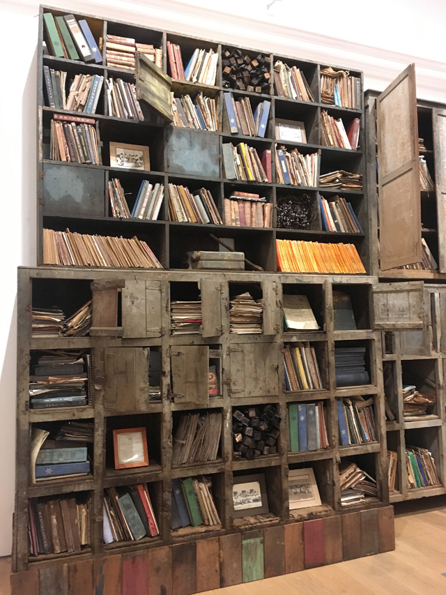 Ibrahim Mahama, The Archive, with stacked lockers filled with photos, documents and relics. Installation view, Whitworth Art Gallery, Manchester, 2019. Photo: Veronica Simpson.
