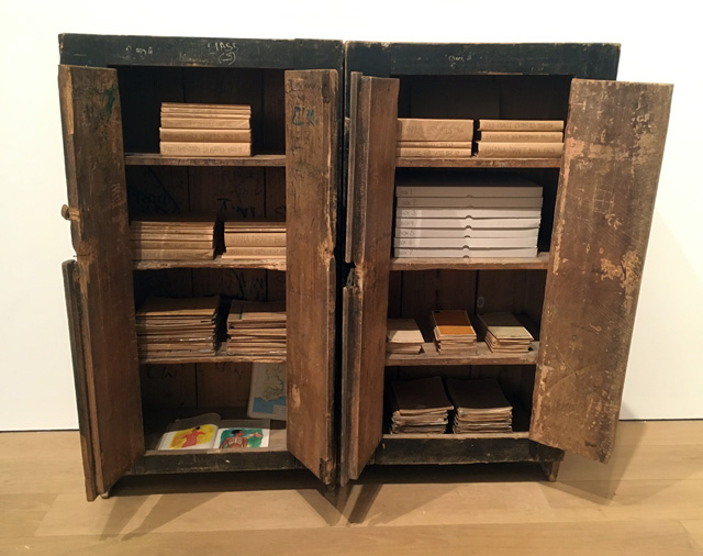 Ibrahim Mahama, The Archive, cabinet filled with parliamentary reports and schoolbooks. Installation view, Whitworth Art Gallery, Manchester, 2019. Photo: Veronica Simpson.