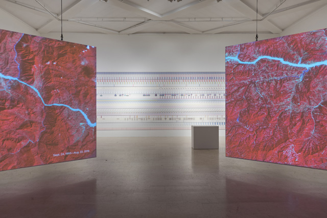 Installation view of Broken Nature, featuring Nasa, Images of Changes, 2014-17 (foreground) and Accurat, The Room of Change, 2019 (background). Photo: Gianluca Di Ioia. Courtesy of La Triennale di Mliano.