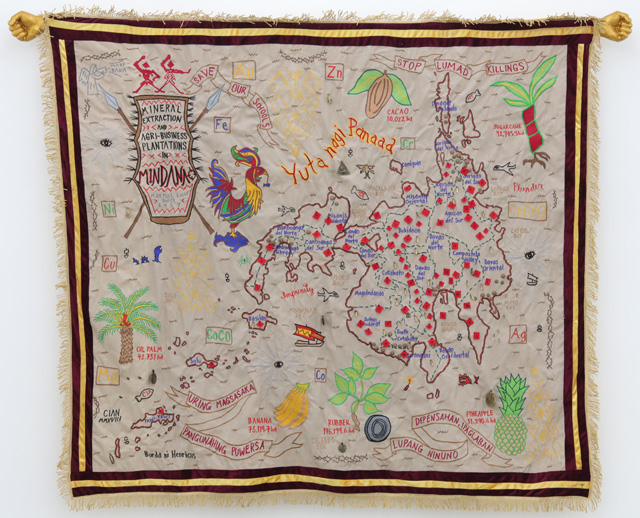 Cian Dayrit, YUTA NAGI PANAAD (Promised Land), 2018. Embroidery on fabric, objects, 183 x 260 cm.