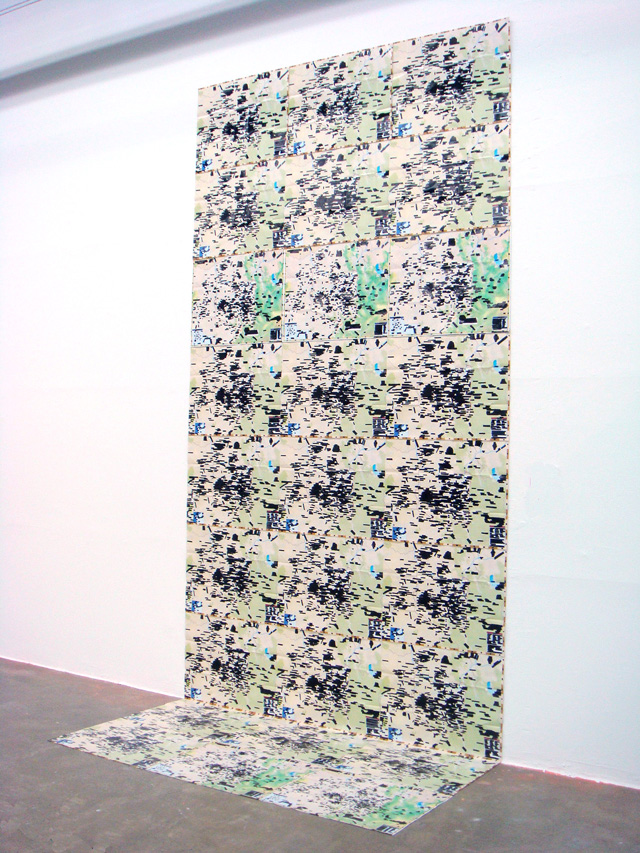 Mark Salvatus, Codes (series), 2010. Acrylic and oil on found maps, tetraptych. Dimensions variable.