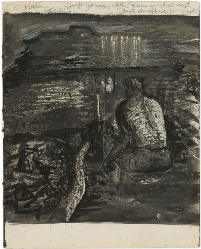 Henry Moore, Miner with Tupping Machine at Flocton Colliery, 1942. Drawing. Reproduced by permission of The Henry Moore Foundation. © The Henry Moore Foundation. Photo: Sarah Mercer.