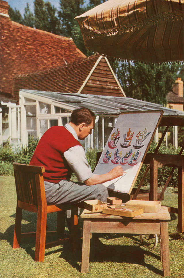 Moore working on Mother and Child in Rocking Chair, 1950 in the garden of Hoglands, Perry Green. Reproduced by permission of The Henry Moore Foundation. © The Henry Moore Foundation. Photo: Felix H. Man.