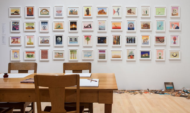 Alison Elizabeth Taylor, multiple works, 2018; watercolour and gouache on paper. Installation view at John Michael Kohler Arts Center. (left to right, from the top row) Arch, Hoodoo, Forest, Tree Trunk, Insect, Peacock, Snake, Spider, Houseplant, Palm Tree, Moon,, Solar System, Dome, Castle, Tudor, 60s House, Abandoned Homestead, Outdoor Cabin, Hidden Cabin, Yurt, Shed, Trees, Branch, Flower, Cactus, Desert Sculpture, Chainlink, Bricks, Picket Fence, New Teeth, Roulette Wheel, Slot Machine, Scorpion, Spray Gun, Cabinet Scraper, Skull, Bear, Wolfdog, Pig, Sunrise, Commuters, Voting Machine, Protest, Gas Mask, Prescription Meds, Bed, Wig, Whig