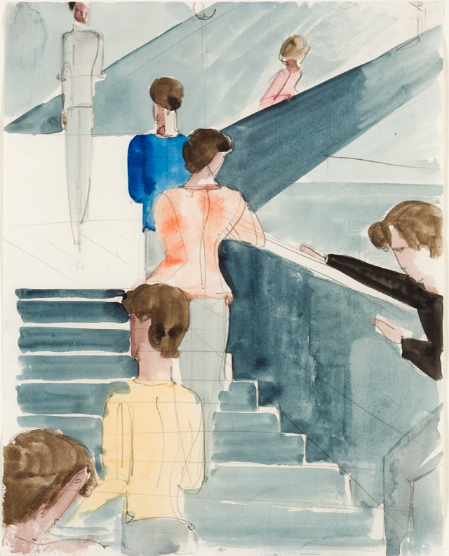 Oskar Schlemmer. Bauhaus staircase, around 1932. Watercolour and ink over pencil on writing paper with linen embossing, 27.7 x 21.9 cm. Private collection. © Photo: Peter McClennan, Frankfurt.