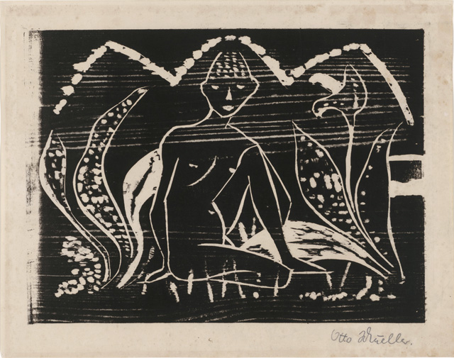 Otto Mueller. Boy between leaf plants (boy in the reeds), 1912. Woodcut, 33.8 x 42.9 cm. Staatliche Museen zu Berlin, Kupferstichkabinett. © bpk / Staatliche Museen zu Berlin,
Kupferstichkabinett. Photo: Dietmar Katz.