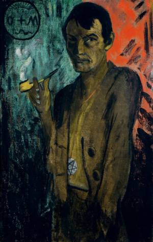 Otto Mueller. Self Portrait with Pentagram, around 1924. Distemper on hessian, 120 x 75.5 cm. Von der Heydt-Museum Wuppertal. © Von der Heydt-Museum Wuppertal. Photo: Antje Zeis-Loi, Medienzentrum Wuppertal.