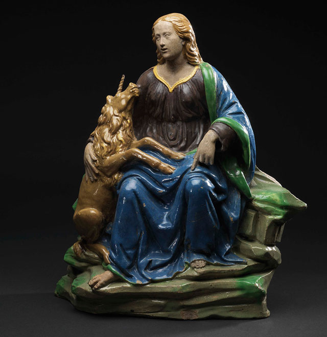 Woman with unicorn, attributed to Giovanni della Robbia or his workshop, 1490-1530. Glazed terracotta. © Métropole Rouen-Normandie, musée des Antiquités.