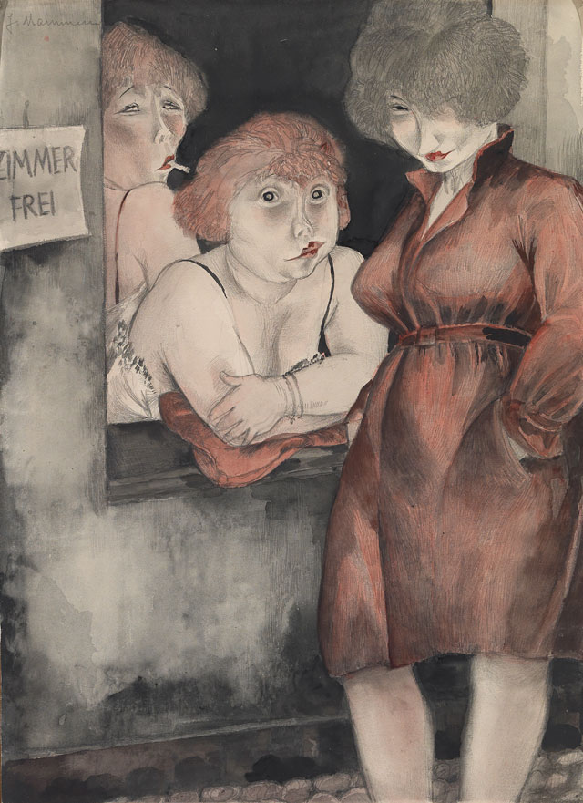 Jeanne Mammen. Brüderstrasse (Free Room), 1930. Watercolour, ink and graphite on vellum, 47.5 x 34.5 cm. The George Economou Collection. © DACS, 2018.