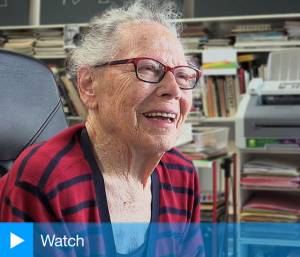 Vera Molnár talking to Studio International in her Paris studio, 11 July 2017. Photograph: Martin Kennedy.