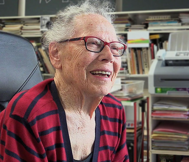 Vera Molnár talking to Studio International in her Paris studio, 11 July 2017. Photograph: Martin Kennedy.