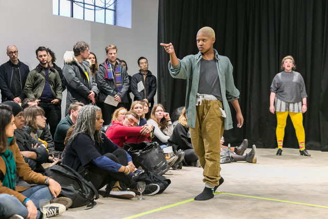 Layo (Titilayo Adebayo) and Carrie Topley performing, Paul Maheke, A fire circle for a public hearing, 2018, Chisenhale Gallery, 2018.