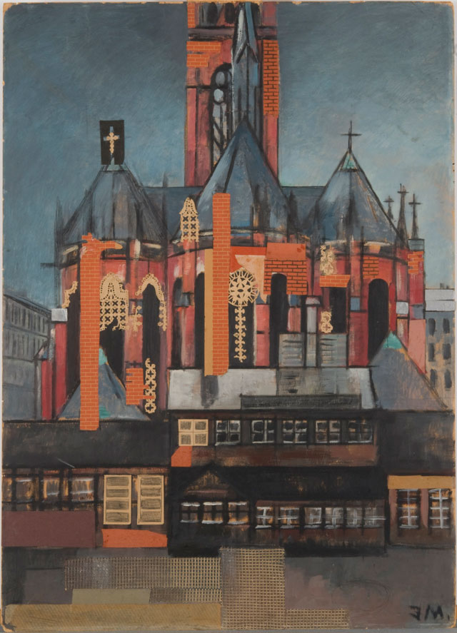 Jeanne Mammen. Church on Winterfeldtplatz, 1935-1940. Oil, embroidery canvas, paper and cakelace on cardboard, 101 x 72 cm. Berlinische Galerie, acquired from the Senator for Education, Berlin, © VG Bild-Kunst, Bonn 2017, Repro: © Kai-Annett Becker.