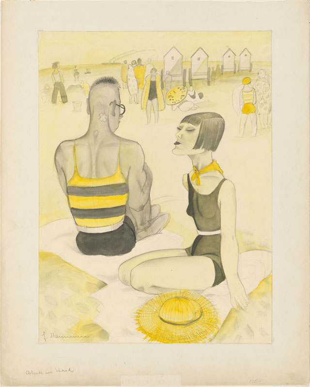 Jeanne Mammen. The Beach at Ostende, c1926. Watercolour and pencil on paper, 48.4 x 36.3 cm. Harvard Art Museums/Busch-Reisinger Museum, Gift of Mr and Mrs Edward Ruppert. © VG Bild-Kunst, Bonn 2017 / ARS New York, 2017, Repro: © President and Fellows of Harvard College/Imaging Department.