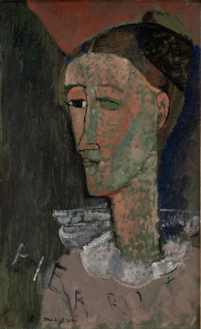 Amedeo Modigliani. Self-Portrait as Pierrot, 1915. Oil paint on cardboard, 43 x 27 cm. Statens Museum for Kunst, Copenhagen.