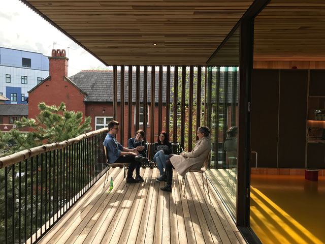 View of the terrace, Maggie’s Centre for cancer care, Oldham. Photograph: Alex de Rijke.