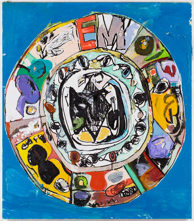 Eddie Martinez. Mandala #4 (Open Night), 2016. Silkscreen ink, oil paint, spray paint, enamel and plastic collage on canvas, 243.8 x 213.4 cm. © Eddie Martinez. Courtesy Timothy Taylor.