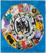 Eddie Martinez. Mandala #4 (Open Night), 2016. Silkscreen ink, oil paint, spray paint, enamel and plastic collage on canvas, 243.8 x 213.4 cm. © Eddie Martinez. Courtesy Timothy Taylor.