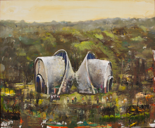 Marius Bercea. <em>Monuments Monuments,</em> 2011. Oil on canvas, 124 x 149 cm (48.82 x 58.66 in). Photo: Peter Mallett.