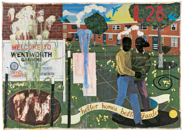 ﻿Kerry James Marshall. Better Homes, Better Gardens, 1994. Acrylic and collage on canvas, 100 × 142 in (254 × 360.7 cm). Denver Art Museum.