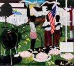 Kerry James Marshall. Bang, 1994. Acrylic and collage on canvas, 103 × 114 in (261.6 × 289.6 cm). The Progressive Corporation.